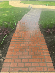 Brick walkway tuckpointing in Chesterfield, St. Louis County – preventing further deterioration.