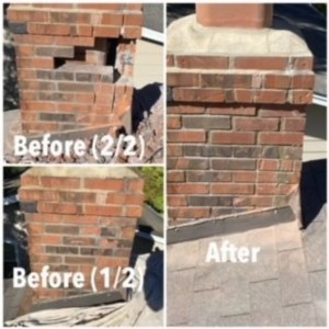 Brick repair and replacement on an old chimney in St. Louis County - before, during and after photo