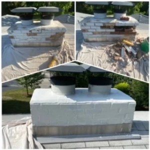 brick replacement and repair on an old painted chimney in St. Louis County - before, during and after photo