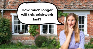 Worried woman standing in front of a brick house with a speech bubble asking, 'How much longer will this brickwork last?' representing concerns about brick maintenance and tuckpointing lifespan.